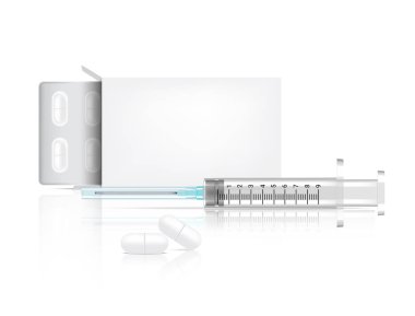 Kutu Ambalaj Mock kadar Gerçekçi Pills Tıp Şırınga ile Beyaz Arka Plan üzerinde. Hastane Takım tasarımı Vektör İllüstrasyon. Tablet Tıp ve Sağlık Kavramı.