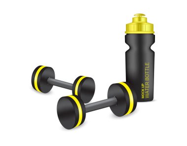Su ve İçecek ile Vektör Gerçekçi Plastik Shaker ve Dumbbell kadar Şişe 3d Mock. Sağlıklı ve Spor Kavramı illüstrasyon Tasarım. 