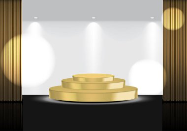 3d Mock up Gerçekçi Açık Altın Perde Metalik Sahne veya Sinema Show, Konser veya Sunum Spotlight arka plan illüstrasyon vektör ü