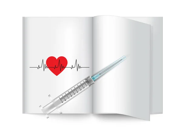 Heart Beat Mock Realistic Book Syringe Ferramenta Objeto Médico Fundo —  Vetores de Stock