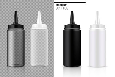 Şişe Mock kadar Gerçekçi şeffaf beyaz, siyah ve Plastik ampul veya damlalık Ambalaj. Beyaz Arka Plan İllüstrasyon Gıda ve Sağlık Tıp Ürün için.