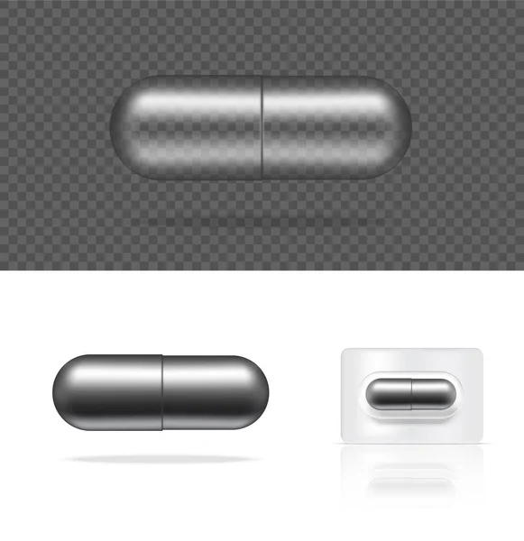 Mock Realistic Transparent Pill Metallic Medicine Capsule Panel White Background — Vector de stock