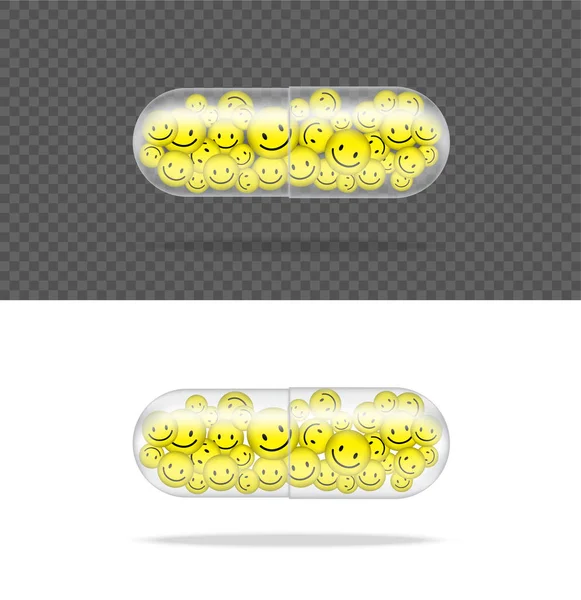 Realistic Transparent Pill Medicine Capsule Panel Smile White Background Vector — Stock Vector