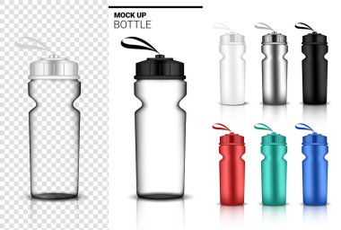 Şişe 3D Su ve İçecek İçin Vektör 'de Gerçekçi Şeffaf Plastik Titreştirici' yi taklit et. Bisiklet ve Spor Konsepti Tasarımı. 