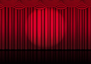 3D Sahne Üzerine Gerçekçi Kırmızı Perde ya da Gösteri İçin Sinema Sahne Işığı, Konser ya da Spotlight arkaplan illüstrasyon vektörü ile Sunuluyor
