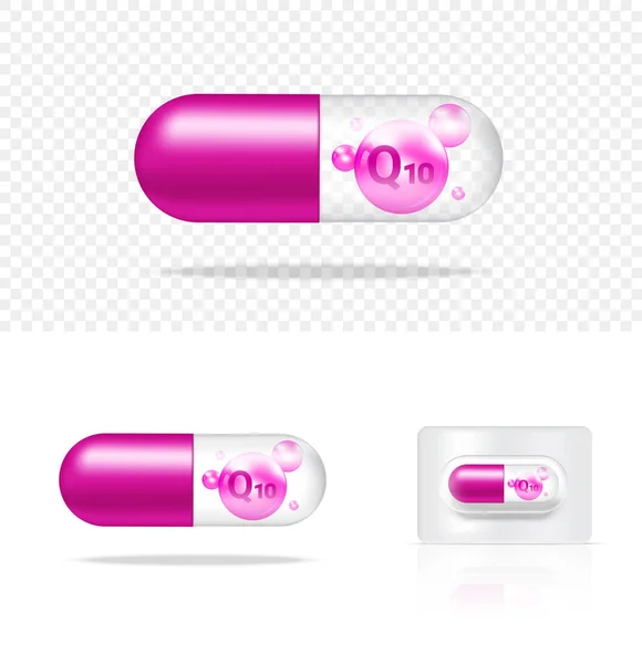 Mock Realista Transparente Pílula Vitamina Q10 Medicina Cápsula Painel Fundo — Vetor de Stock