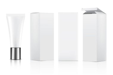 Tüp Gerçekçi Kozmetik, Gümüş Lid ve Cilt Ürünleri Kutusu 3 İzole Beyaz Arkaplan Resimlerinde. Sağlık ve Tıp Konsepti Tasarımı.