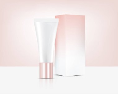 Tüp Gerçekçi Gül Altın Parfüm Losyonu Kozmetiği ve Cilt Ürünleri için Kutu Resimleri. Sağlık ve Tıp Konsepti Tasarımı.