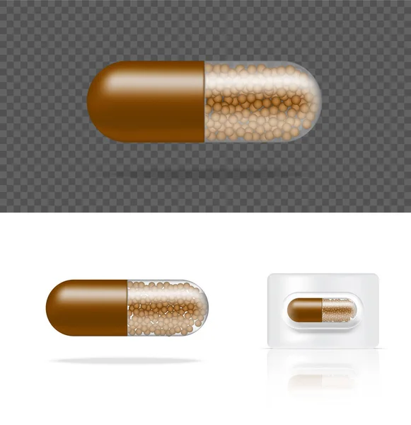 Realistic Transparent Pill Medicine Capsule Panel White Background Vector Illustration — 스톡 벡터
