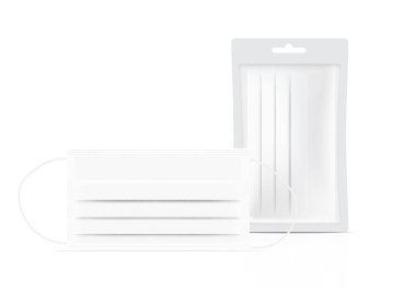 Arka planda Sachet Poşet Paketleme ile cerrahi maske ve Virüs Koruma. Güvenli Solunum, Sağlık ve Tıbbi Tasarım.