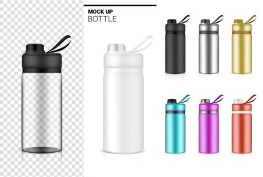 Şişe 3D Su ve İçecek İçin Vektör 'de Gerçekçi Şeffaf Plastik Titreştirici' yi taklit et. Bisiklet ve Spor Konsepti Tasarımı. 