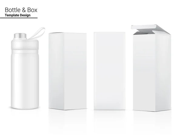 Garrafa Mock Realista Plástico Transparente Shaker Com Caixa Vector Para — Vetor de Stock