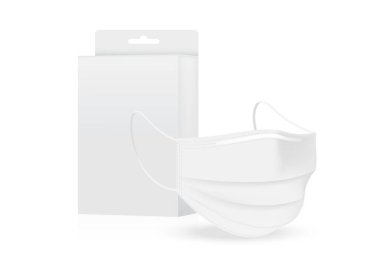 Arkaplanda kutu ambalajlı cerrahi maske ve virüs koruması var. Güvenli Solunum, Sağlık ve Tıbbi Tasarım.