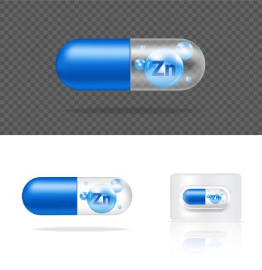 Beyaz Arkaplan Vektör Çizimi Üzerine Gerçekçi Şeffaf Vitamin Zinc İlaç Kapsülü Paneli Uygula. Tıbbi ve Sağlık Hizmetleri Konsepti.