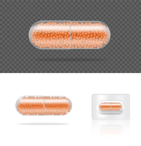 Mock Realistische Transparente Pille Medizin Kapsel Panel Auf Weißem Hintergrund — Stockvektor