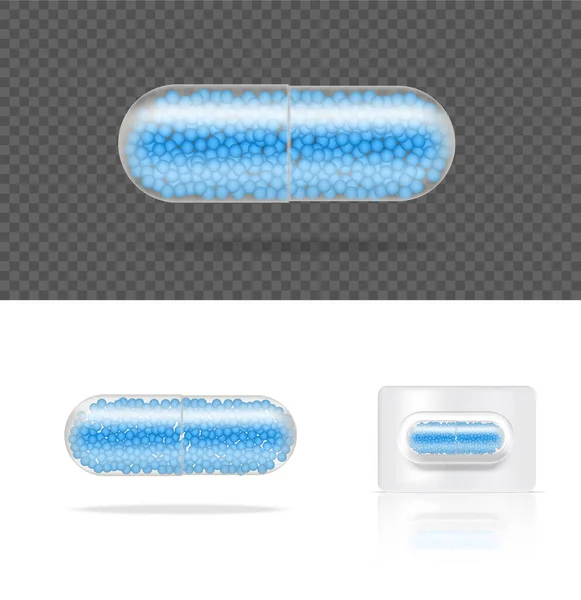 Mock Realistic Transparent Pill Medicine Capsule Panel White Background Vector — Vetor de Stock