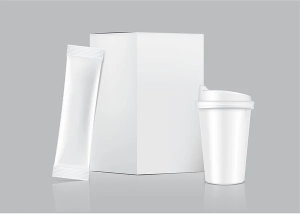 3D光沢のあるスティックのサッカーモックアップと白の背景に隔離された紙の箱とカップ ベクトルイラスト 食品飲料包装のコンセプトデザイン — ストックベクタ