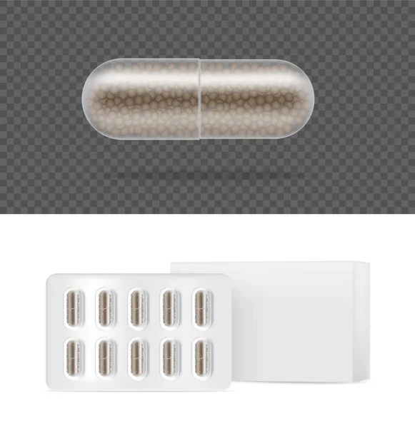 Mock Realistic Transparent Pill Medicine Capsule Panel Con Caja Sobre — Vector de stock