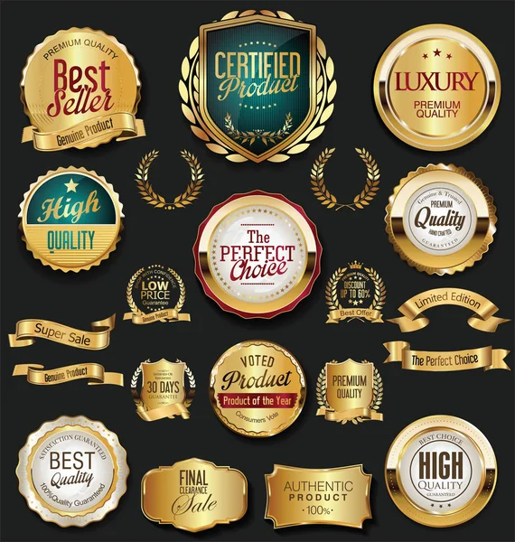 Gouden Retro Labels Badges Frames Linten Collectie — Stockvector