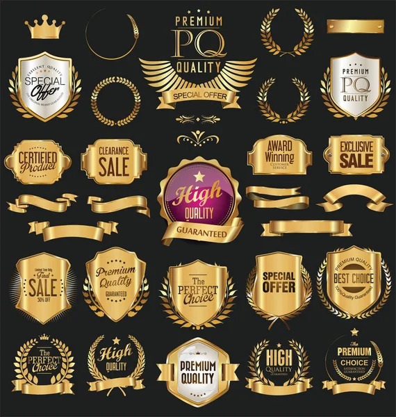 Golden Retro Etiquetas Emblemas Quadros Fitas Coleção — Vetor de Stock