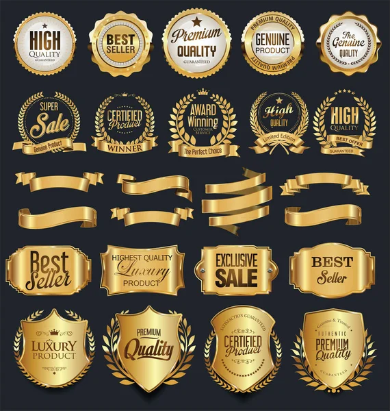 Super Vânzare Insigne Aur Retro Etichete Colecție Vectorială — Vector de stoc