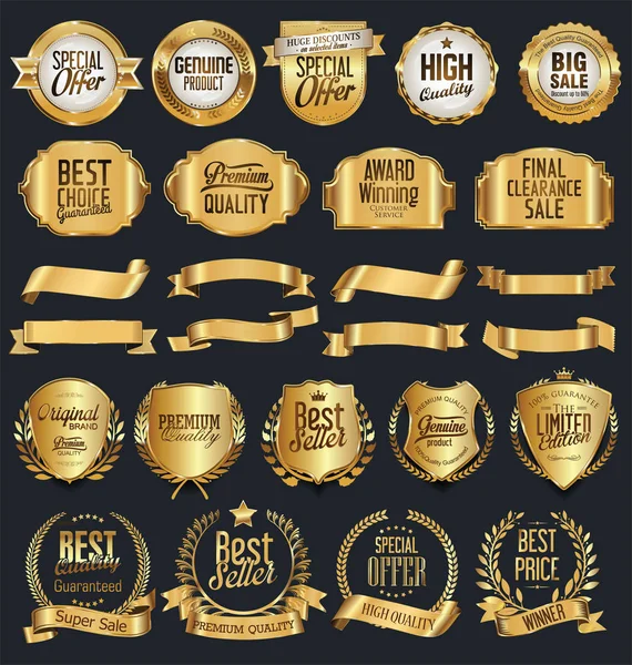 Super Venta Retro Insignias Oro Etiquetas Colección Vectores — Vector de stock