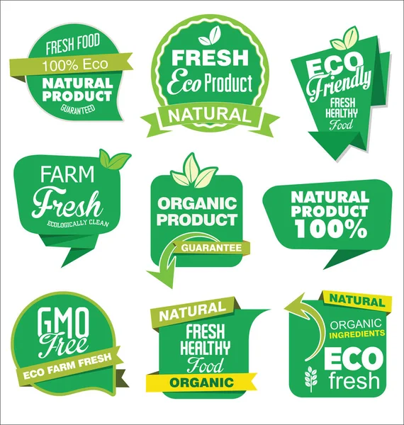 Productos Orgánicos Naturales Colección Verde Etiquetas Insignias — Vector de stock