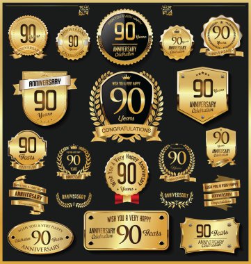 Yıldönümü retro vintage altın rozetleri ve etiketler vektör 