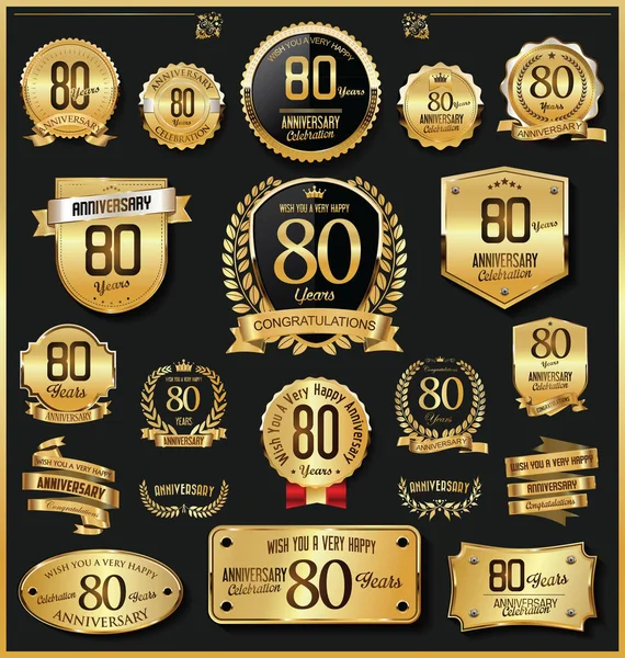 Aniversario Retro Vintage Insignias Oro Etiquetas Vector — Vector de stock