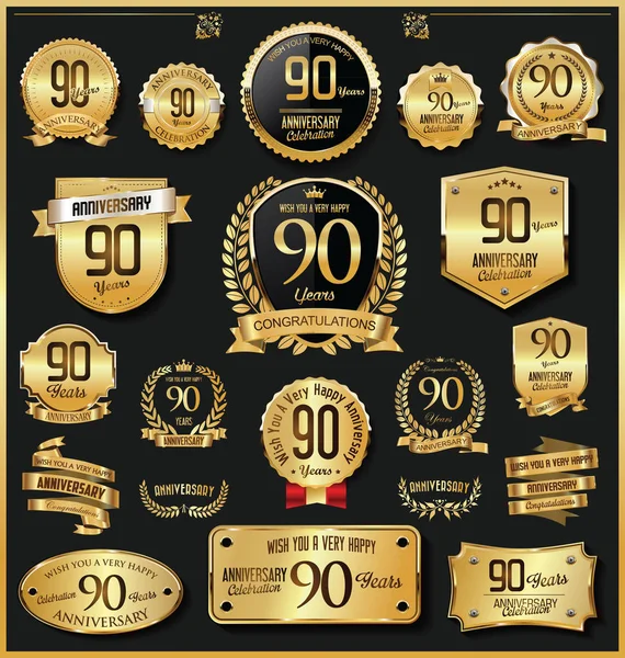 Aniversário Retro Vintage Emblemas Dourados Rótulos Vetor —  Vetores de Stock