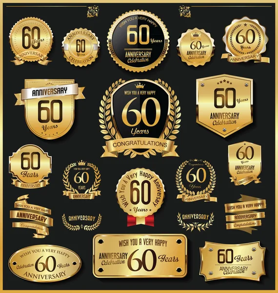 Årsdagen Retro Vintage Golden Märken Och Etiketter Vektor — Stock vektor