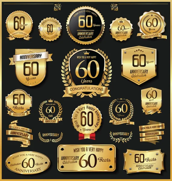 Verjaardag Retro Vintage Gouden Badges Etiketten Vector — Stockvector