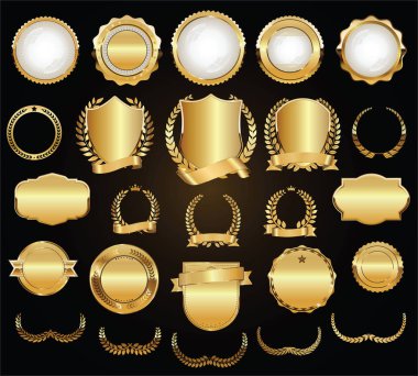Altın kalkan taçlar defne ve rozetleri koleksiyonu vektör