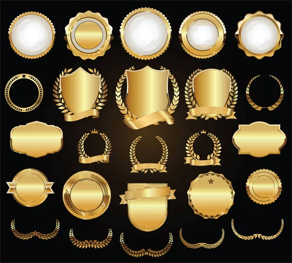 Golden Shields Laurel Wreaths Badges Vector Collection — Stock Vector