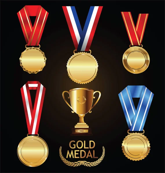 Gouden Trophy Medaille Met Lauwerkrans Vector Collectie — Stockvector