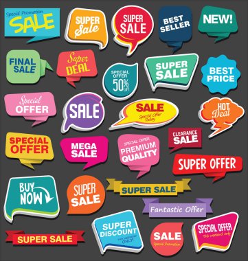 Satılık çıkartmaları ve Etiketler renkli koleksiyonu vektör çizim 