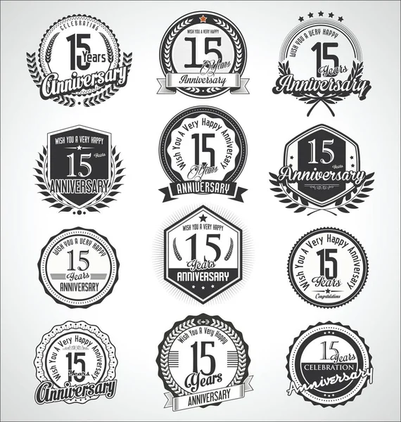 Retro Vintage Anniversaire Badges Étiquettes Collection — Image vectorielle