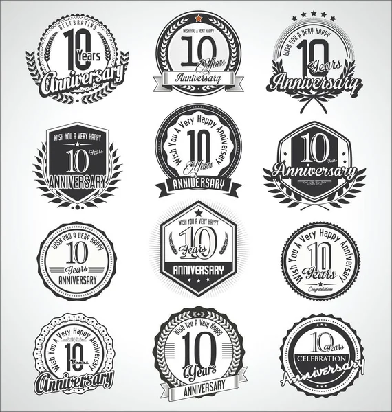 Retro Vintage Anniversaire Badges Étiquettes Collection — Image vectorielle