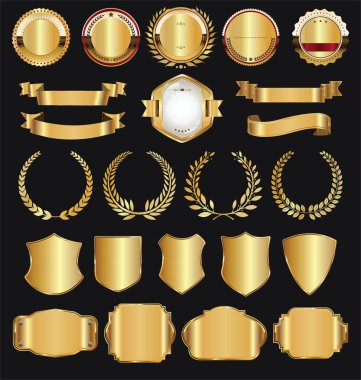 Retro altın kurdele etiketleri ve kalkan vektör koleksiyonu 