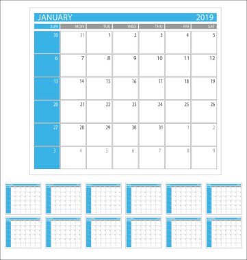 Takvim Planlayıcısı 2019 yıl basit en az tasarım şablonu