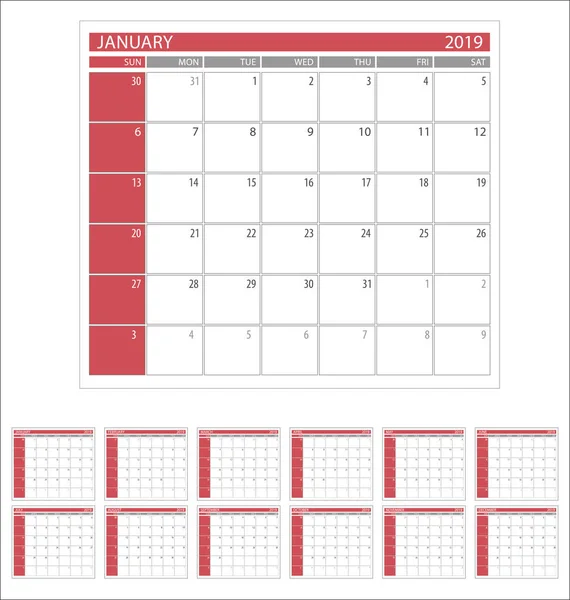 Calendário Planner 2019 Ano Modelo Design Mínimo Simples — Vetor de Stock