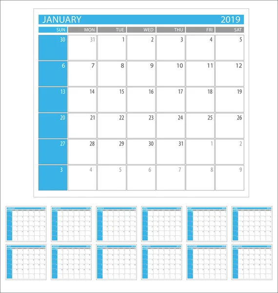 Calendário Planner 2019 Ano Modelo Design Mínimo Simples —  Vetores de Stock