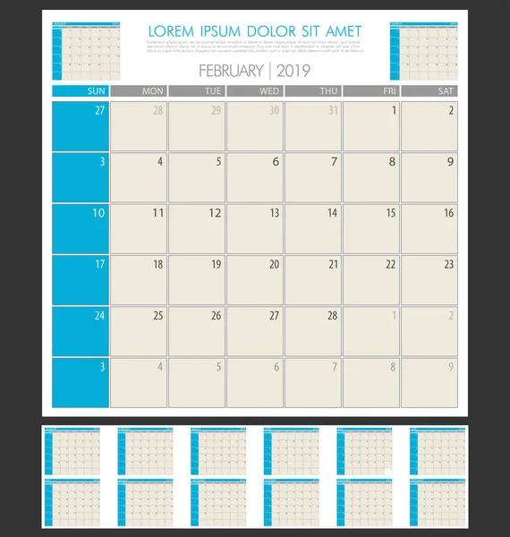 Calendário Planner 2019 Ano Modelo Design Mínimo Simples — Vetor de Stock