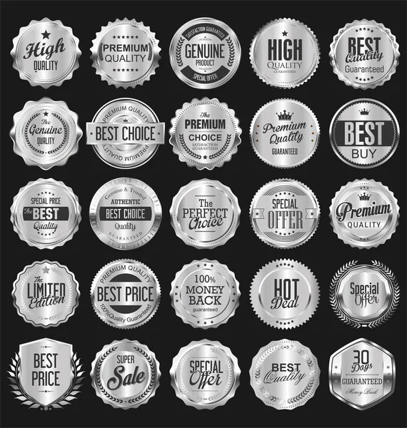 Retro Vintage Emblem Och Etiketter Samling Silver — Stock vektor