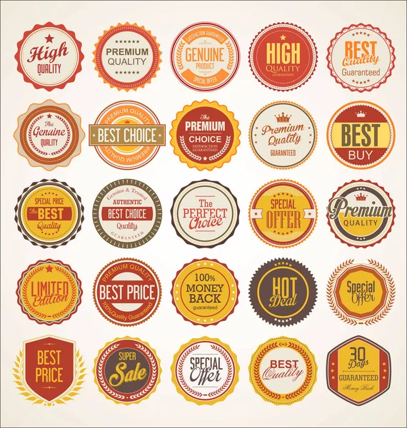 Collezione Badge Colorati Etichette Dal Design Retrò — Vettoriale Stock