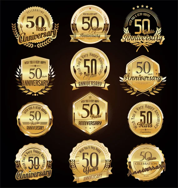 Retro Vintage Anniversary Golden Badges Labels Collection — Stock Vector