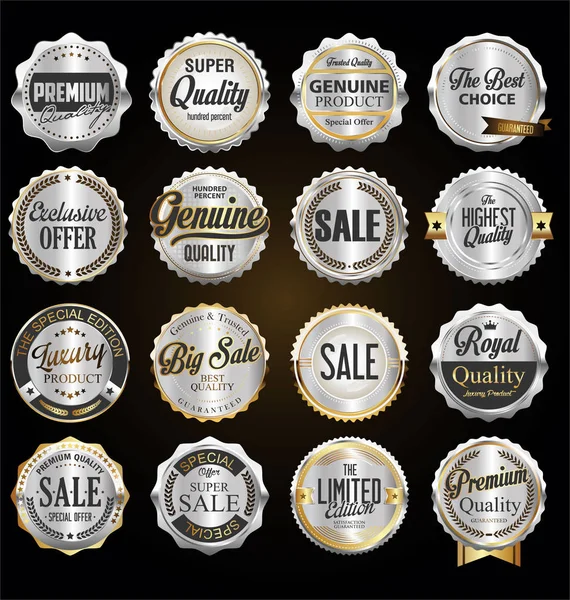 Collectie Vintage Retro Premium Kwaliteit Zilver Badges Etiketten — Stockvector