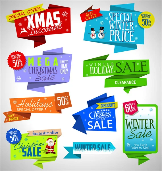 Modern Sale Origami Christmas Banners Labels Collection — Stock Vector