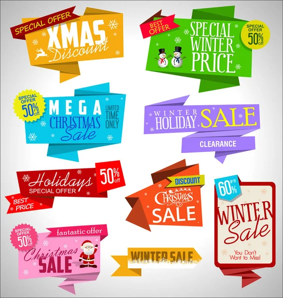 Modern Sale Origami Christmas Banners Labels Collection — Stock Vector