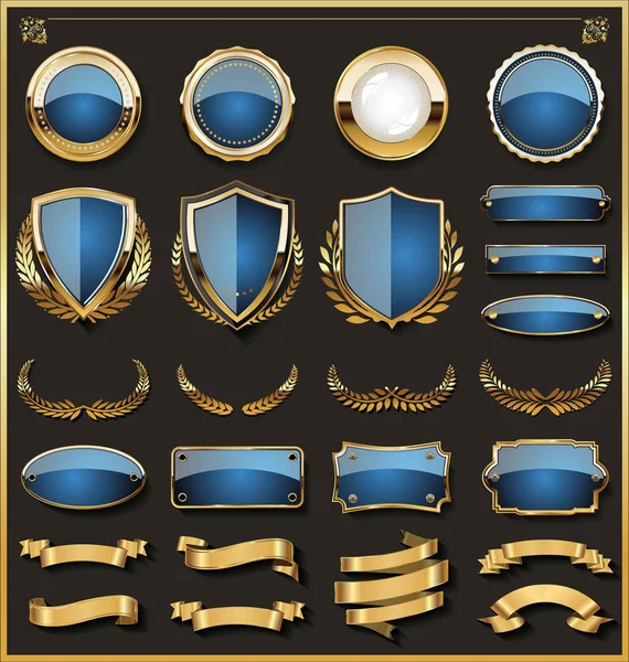 Colección Elegantes Distintivos Azules Dorados Elementos Diseño Etiquetas — Vector de stock